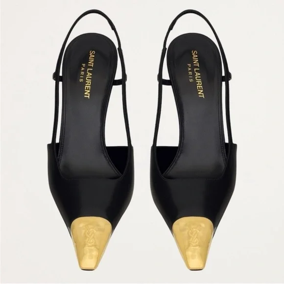 Saint Laurent Black Leather Jeanne Slingback Pumps 110 Black Gold - Picture 2 of 7